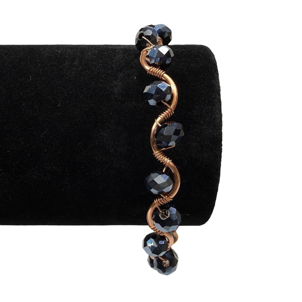 Handcrafted Copper Wire Wrapped Bracelet with Faceted Dark Blue Glass Beads